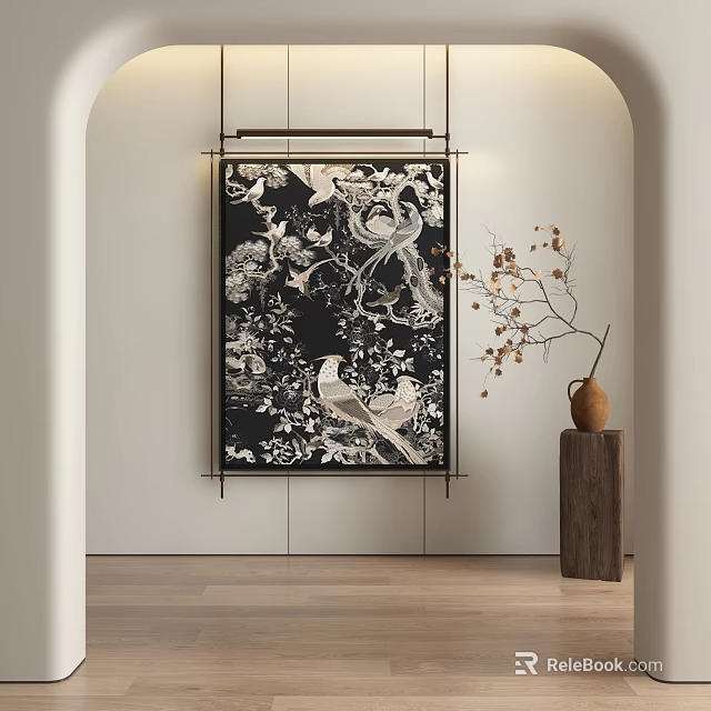 Abstract Painting With Black White Floral Bird Patterns On Indoor Wall Decor Vase And Branch 3d model 