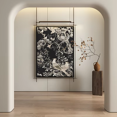 Abstract Painting With Black White Floral Bird Patterns On Indoor Wall Decor Vase And Branch 3d model