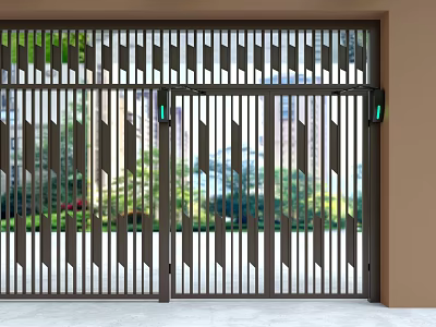 Modern Entrance Gate With Geometric Metal Slats And Scenic View 3d model