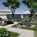 Modern Garden Landscape With Courtyard Water Feature Rocks And Seating Area