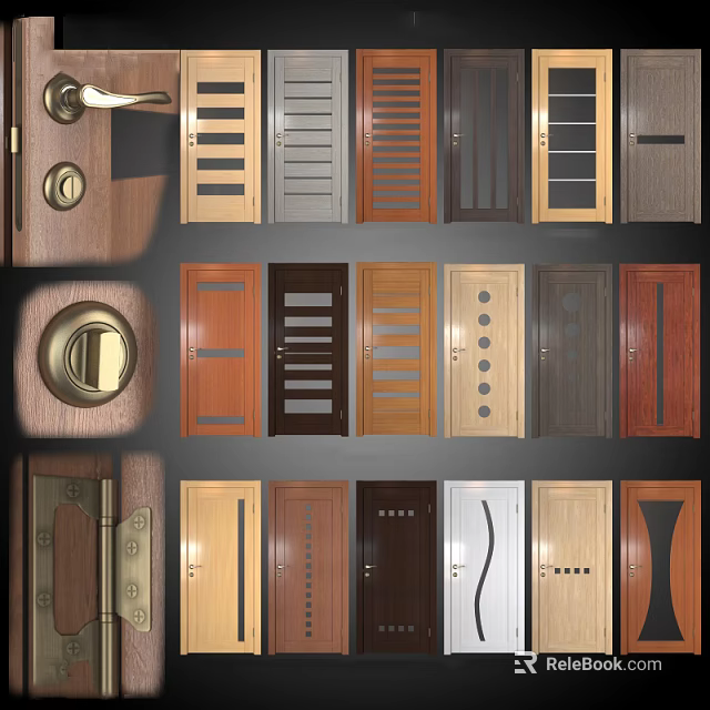 Various Design Swing Doors With Wood Panel And Hardware Handles Locks For Interior 3d model