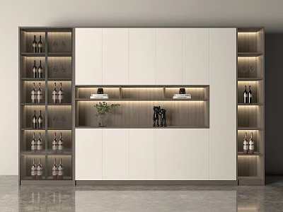 Modern Wine Cabinet Design With White Cabinetry Side Wine Racks LED Lighting And Decorative Items 3d model