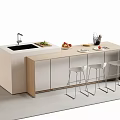 Modern Minimalist Bar Counter With Wooden White Design Sink Fresh Fruits Tableware And Stools