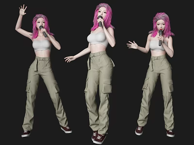 Women With Pink Hair Wearing White Crop Tops Khaki Cargo Pants Holding Microphones Various Poses 3d model