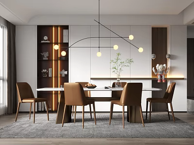 Modern Restaurant with Dining Table Brown Chairs Arched Pendant Lights Wooden Backdrop and Green Plant 3d model