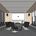 Modern Conference Room Interior With Large Meeting Table Black Chairs Projection Screen And Recessed Lighting