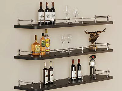 Black Metal Storage Shelves with Wine Bottles Wine Glasses and Decorative Items 3d model