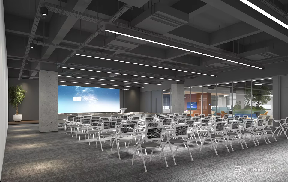 Spacious Modern Industrial Conference Room With Neat Rows Of Office Chairs And Large Presentation Screen 3d model 