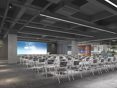 Spacious Modern Industrial Conference Room With Neat Rows Of Office Chairs And Large Presentation Screen 3d model