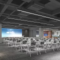 Spacious Modern Industrial Conference Room With Neat Rows Of Office Chairs And Large Presentation Screen
