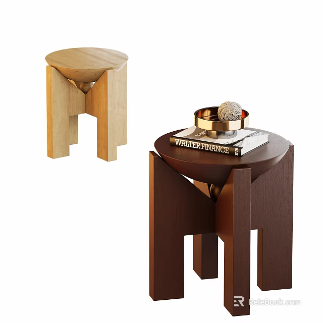 Wooden Side Tables With Unique Geometric Leg Design Round Top And Decorative Books Tray 3d model 