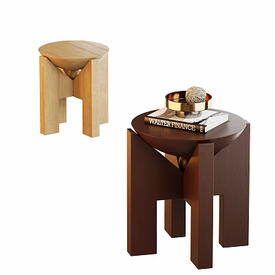 Wooden Side Tables With Unique Geometric Leg Design Round Top And Decorative Books Tray 3d model