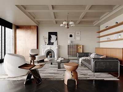 Modern Living Room Interior Design With Grey Sofa White Armchair Fireplace And Wooden Shelves 3d model