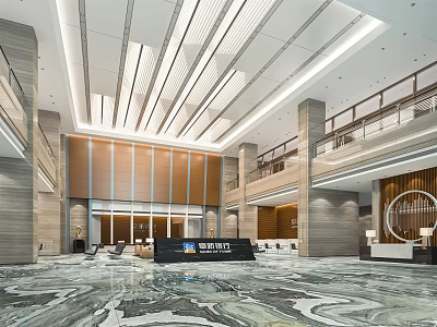 Modern Spacious Service Hall Interior With High Ceiling Strip Lights Marble Floor And Reception Desk 3d model