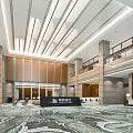 Modern Spacious Service Hall Interior With High Ceiling Strip Lights Marble Floor And Reception Desk