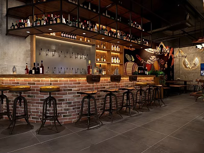Industrial Style Bar Interior With Brick Counter Wine Bottles And Wooden Stools 3d model