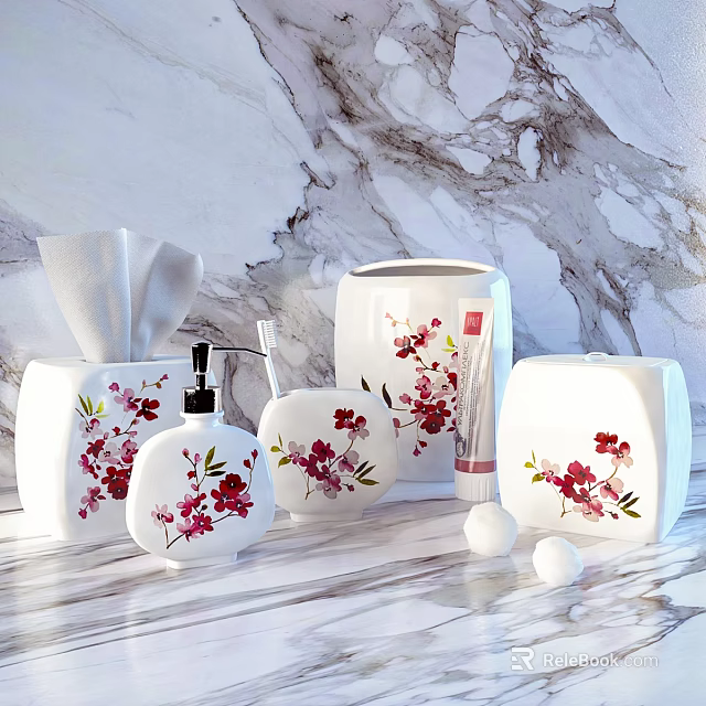 White Bathroom Essentials With Red Floral Patterns Including Soap Dispenser Toothbrush Holder And Tissue Box 3d model 