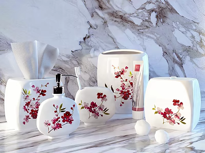 White Bathroom Essentials With Red Floral Patterns Including Soap Dispenser Toothbrush Holder And Tissue Box 3d model