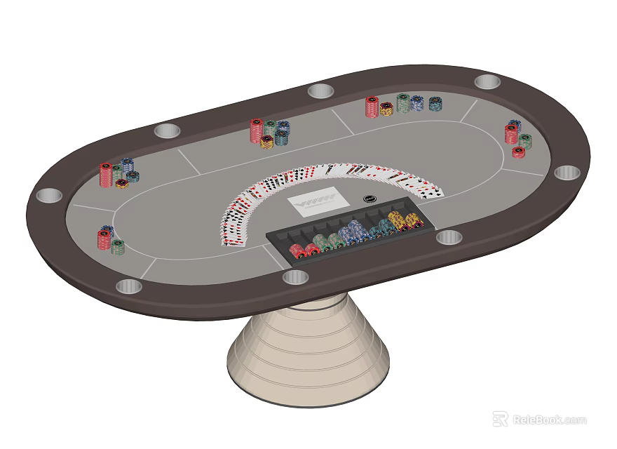 Oval Shaped Entertainment Table With Poker Chips Playing Cards And Cup Holders 3d model 