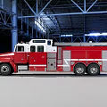 Red and White Fire Truck in Industrial Warehouse with Large Ladder and Metal Structure