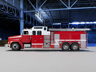 Red and White Fire Truck in Industrial Warehouse with Large Ladder and Metal Structure 3d model