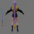 Woman with purple hair wearing black jacket white top shorts knee-high boots beside blue sword 3d model