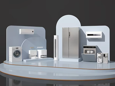 Modern Home Appliances Display With Refrigerator Washer Air Conditioner And Products On Stand 3d model