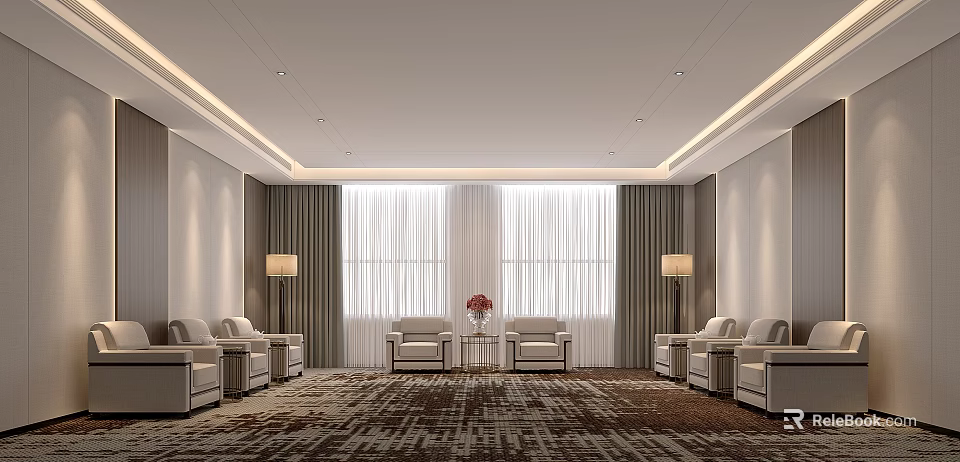 Modern Front Desk Reception Area With Comfortable Sofas Armchairs Large Windows Curtains Lamps And Carpet 3d model 