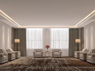 Modern Front Desk Reception Area With Comfortable Sofas Armchairs Large Windows Curtains Lamps And Carpet 3d model
