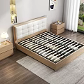 Double Bed In Modern Bedroom With White Padded Headboard Wooden Frame And Striped Mattress