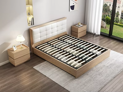 Double Bed In Modern Bedroom With White Padded Headboard Wooden Frame And Striped Mattress 3d model