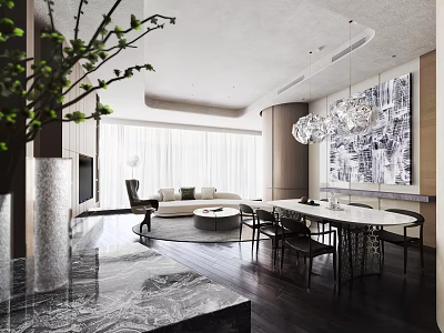 Modern Dining Living Room Interior Design With Marble Countertop Chandelier And Abstract Artwork 3d model