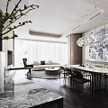 Modern Dining Living Room Interior Design With Marble Countertop Chandelier And Abstract Artwork