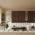 Modern Living Room Interior with White Sofa Dark Wooden Wall Coffee Table and Patterned Rug