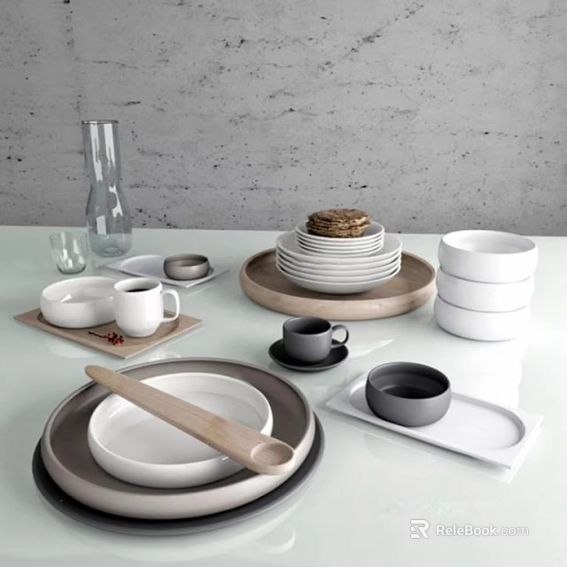 Minimalist Modern Ceramic Dinnerware Set With White Gray Plates Bowls Mugs Trays And Wooden Spoon 3d model 
