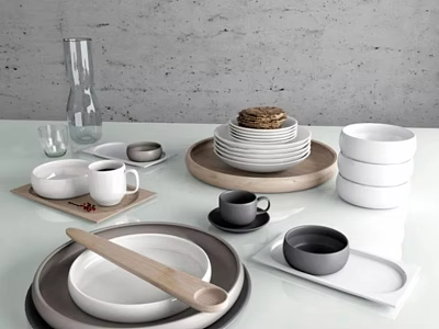 Minimalist Modern Ceramic Dinnerware Set With White Gray Plates Bowls Mugs Trays And Wooden Spoon 3d model