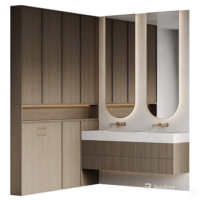 Modern Bathroom Interior Design With Wooden Cabinets Double Mirrors And White Vanity 3d model 