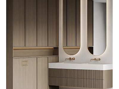 Modern Bathroom Interior Design With Wooden Cabinets Double Mirrors And White Vanity 3d model