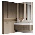 Modern Bathroom Interior Design With Wooden Cabinets Double Mirrors And White Vanity