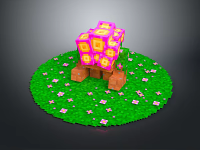 Character and Creature Pixel Style Cube Structure on Green Grass with Pink Flowers 3d model