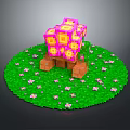 Character and Creature Pixel Style Cube Structure on Green Grass with Pink Flowers