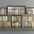 Modern Commercial Building Facade With Glass Gold Frames And Marble Accent Design Elements