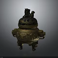 Antique Bronze Decorative Furniture Ornament With Animal Carvings Lid Handles And Three Legs