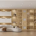 Modern Pet Shop Interior With Wooden Shelves Cat Perches And Sofa