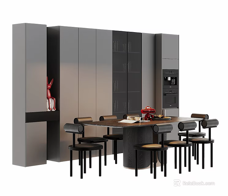 Modern Round Dining Table Set With Black Backrest Chairs And Gray Cabinets 3d model