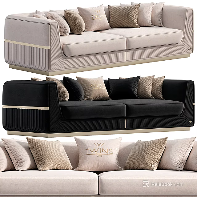 Modern Elegant Double Sofa With Velvet Upholstery Decorative Pillows And Gold Accent Trim 3d model 