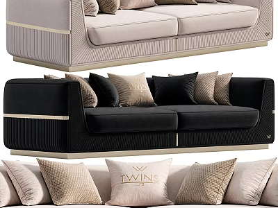 Modern Elegant Double Sofa With Velvet Upholstery Decorative Pillows And Gold Accent Trim 3d model