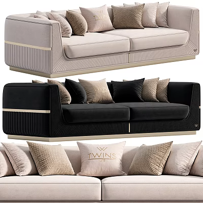Modern Elegant Double Sofa With Velvet Upholstery Decorative Pillows And Gold Accent Trim 3d model
