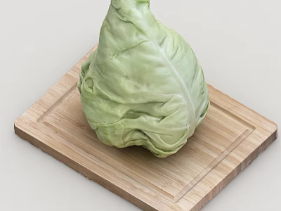 Fresh Green Cabbage Placed On Wooden Cutting Board In Kitchen 3d model
