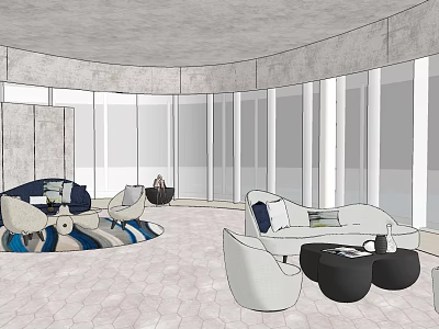 Modern Lounge Area Interior With Comfortable Sofas Seats Patterned Carpet And Large Windows 3d model